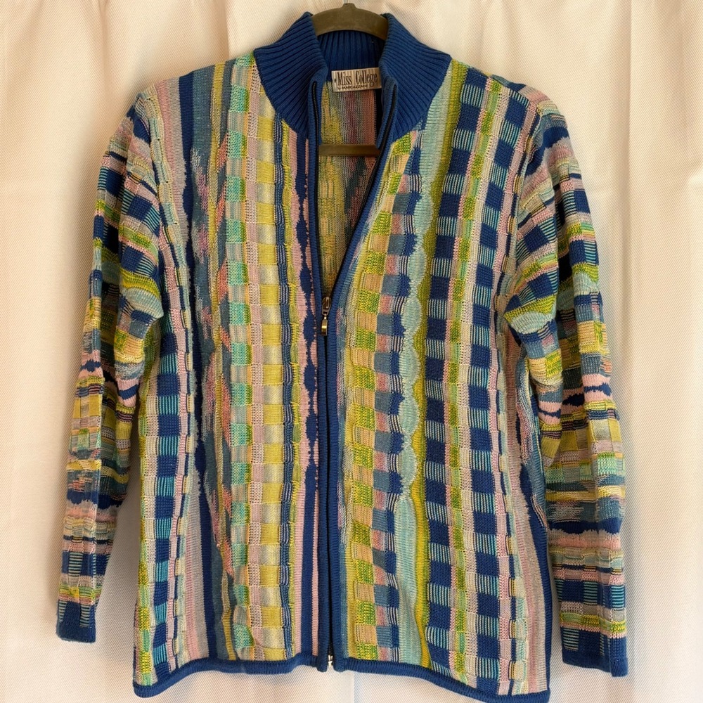 Vntg Miss College Marcazzani Italy 3D Knit Full Zip Cardigan Sweater Sz L